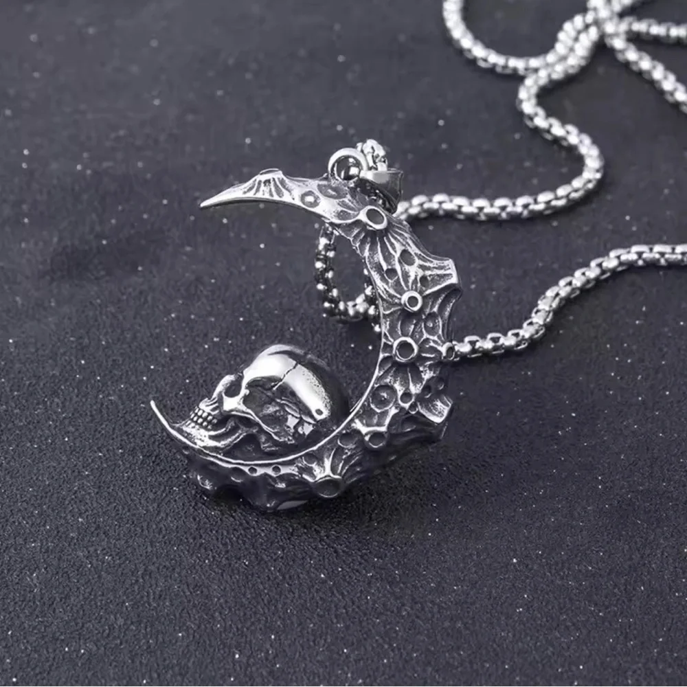 925 Sterling Silver Skull In Crescent Moon NO FADE Necklace Unisex Biker Goth